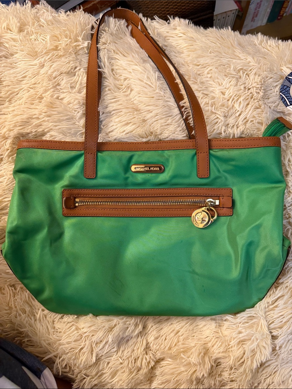 Michael Kors Green Nylon Tote with Brown Leather Trim and Gold Accent